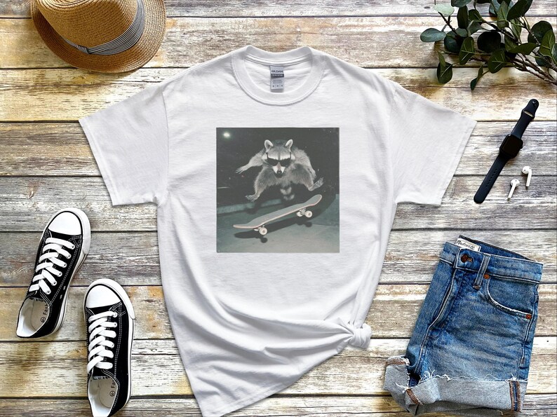 Urban Fashion Look Raccoon, Funny Skatepark Tee | Raccoon At The Skatepark, 90s Skater Gift | Trash Panda Live Fast Eat Trash Retro T-shirt image 3
