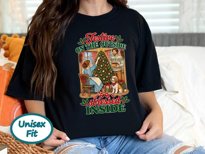 Festive On The Outside Stressed Inside Shirt, Funny Christmas Sweater, Sarcastic Holiday Gift, Retro Xmas Tee, Dog Lover Sweatshirt image 4