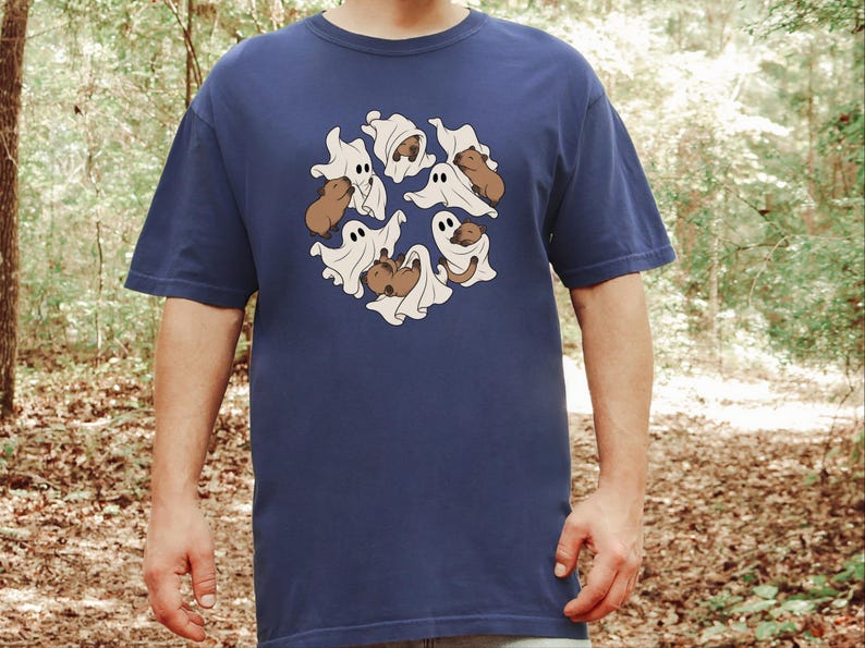 Cute Capybara Shirt, Ghost Playing With Capybara Gift, Spooky Ghost Tee, Rodent Lover Fall Shirt, Halloween Animal Graphic Tee image 2