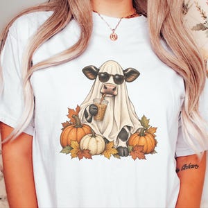 Camiseta de vaca fantasma, camiseta de café de Halloween, camiseta de café de otoño, sudadera con taza de café fantasma, conjunto de otoño con especias de calabaza. imagen 2