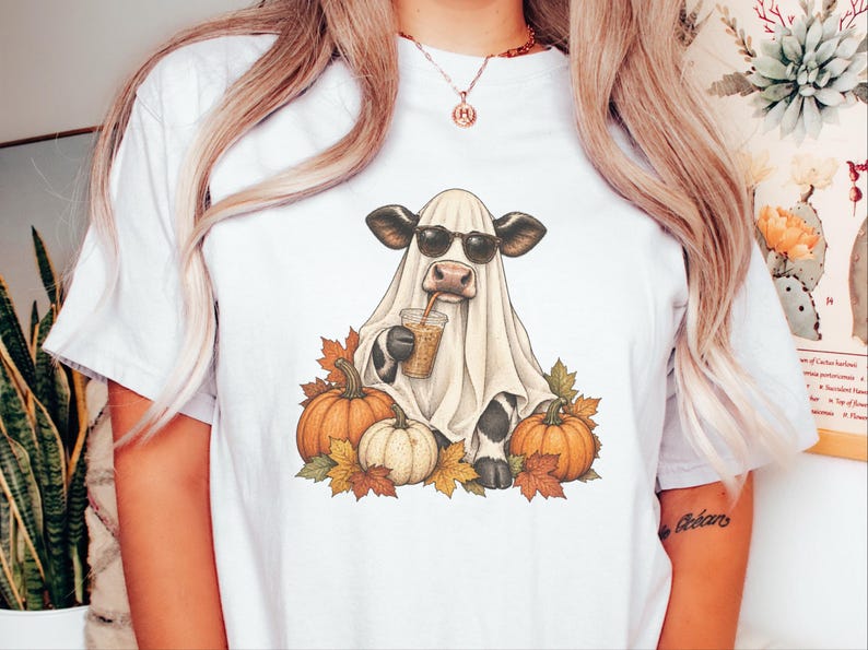 Camiseta de vaca fantasma, camiseta de café de Halloween, camiseta de café de otoño, sudadera con taza de café fantasma, conjunto de otoño con especias de calabaza. imagen 2