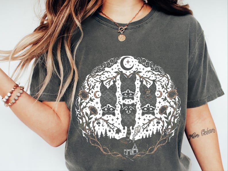 Comfort Colors Funny Raccoon Shirt, Raccoon Tree Branches Moon Graphic Tee, Trash Panda Dark Humor Design, Woodland Forest Celestial Night image 10