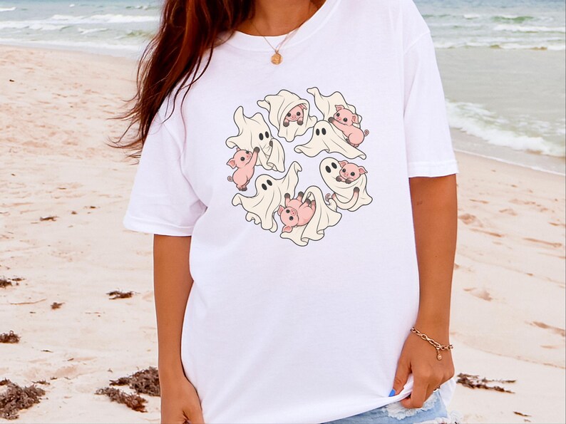 Camiseta de fantasma, regalo para amantes de los cerdos, camiseta de fantasma de Halloween, camiseta de temporada espeluznante, camiseta con estampado de cerdo, camiseta de animales de granja imagen 2