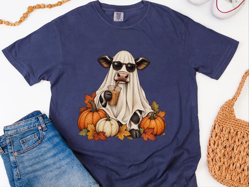 Camiseta de vaca fantasma, camiseta de café de Halloween, camiseta de café de otoño, sudadera con taza de café fantasma, conjunto de otoño con especias de calabaza. imagen 6