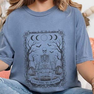 Comfort Colors Skeleton Workout Tee, Exercising My Demons Gothic Gym Shirt, Funny Fitness Weightlifting Humor, Spooky Cemetery Dark Art image 7