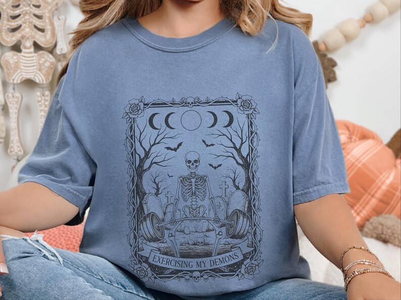 Comfort Colors Skeleton Workout Tee, Exercising My Demons Gothic Gym Shirt, Funny Fitness Weightlifting Humor, Spooky Cemetery Dark Art image 7
