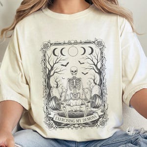Comfort Colors Skeleton Workout Tee, Exercising My Demons Gothic Gym Shirt, Funny Fitness Weightlifting Humor, Spooky Cemetery Dark Art image 6