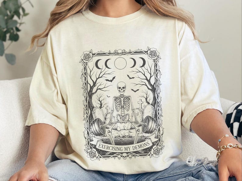 Comfort Colors Skeleton Workout Tee, Exercising My Demons Gothic Gym Shirt, Funny Fitness Weightlifting Humor, Spooky Cemetery Dark Art image 6
