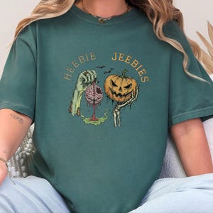 Comfort Colors Watercolor Zombie Heebie Jeebies Shirt, Modern Horror Movie Tee, Retro Goth Halloween Graphic, Spooky Pumpkin Skull Vintage image 6