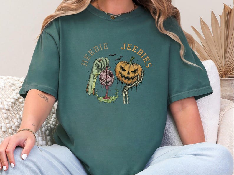 Comfort Colors Watercolor Zombie Heebie Jeebies Shirt, Modern Horror Movie Tee, Retro Goth Halloween Graphic, Spooky Pumpkin Skull Vintage image 6