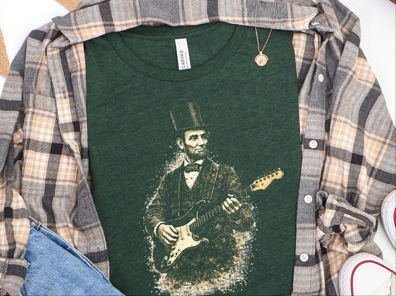 Funny History Shirt, Abe Lincoln Rockin' Guitar Vintage Tee, History Teacher Gift, Musician Rock and Roll Present, Classic Rock Art image 3