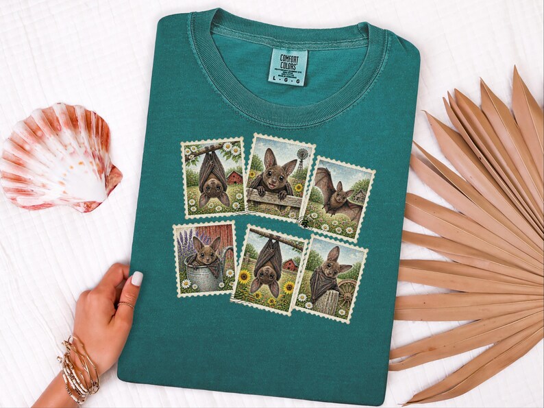 Bat Lover Gift, Vintage Bird Art, Postage Stamp Tee, Cute Bat Shirt, Cottagecore Nature Shirt, Farm Animal Gift image 2