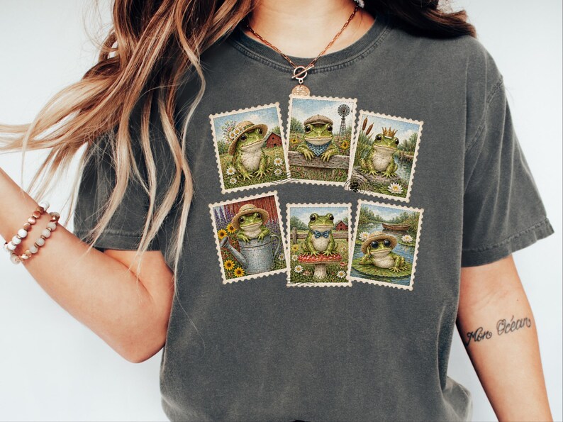 Vintage Frog Shirt, Frog Lover Gift, Postage Stamp Tee, Cottagecore Frog Tee, Animal Lover Gift image 6