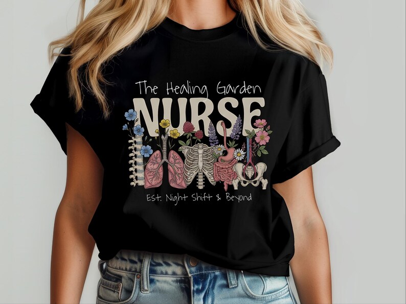 Boho Floral Nurse Shirt, The Healing Garden RN Top, Vintage Human Anatomy Art, Comfort Colors Medical Tee, Nursing School Grad Gift, LPN CNA image 2