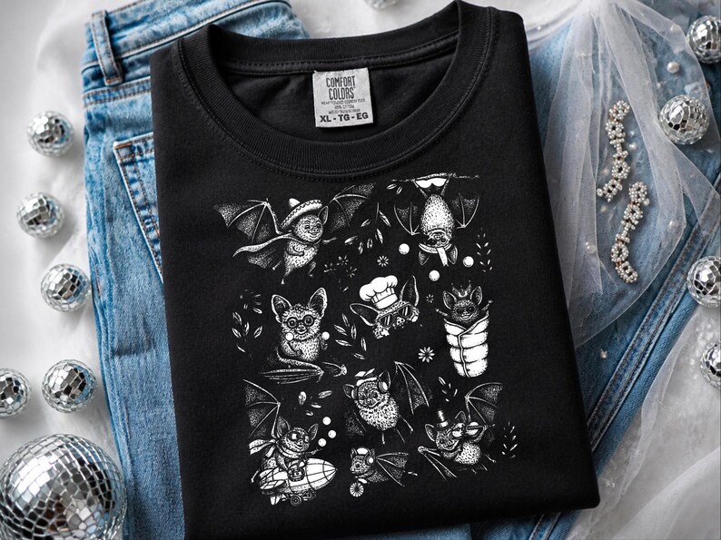 Comfort Colors Cute Bat Print Shirt, Bat Cartoon Adventures, Whimsical Halloween Tee, Spooky Animal Bat Lover Art, Halloween Shirt image 5