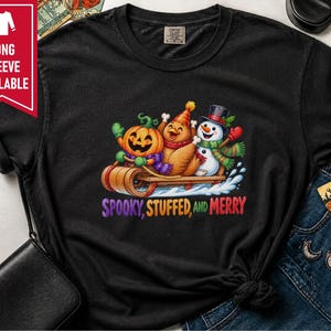 Hallothanksmas Shirt, Funny Holiday Mashup Sweatshirt, Spooky Stuffed And Merry Tee, Holiday Gift image 6