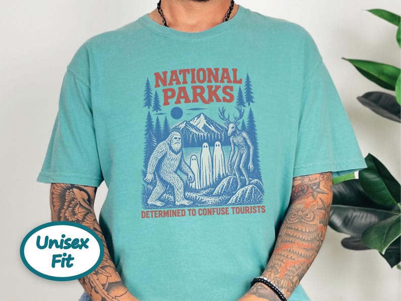 National Park Shirt, Bigfoot Cryptid Gift, Funny Camping Shirt, Retro Sasquatch Tee, Determined To Confuse Tourists image 8