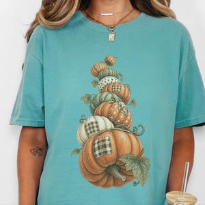 Camiseta de calabaza de otoño, camiseta bohemia de calabaza, regalo de temporada de cosecha, camiseta otoñal estilo cottagecore, top de Acción de Gracias, sudadera de calabaza patchwork imagen 3
