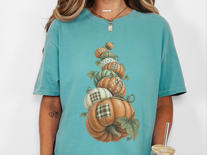 Camiseta de calabaza de otoño, camiseta bohemia de calabaza, regalo de temporada de cosecha, camiseta otoñal estilo cottagecore, top de Acción de Gracias, sudadera de calabaza patchwork imagen 3