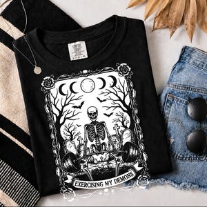 Comfort Colors Skeleton Workout Tee, Exercising My Demons Gothic Gym Shirt, Funny Fitness Weightlifting Humor, Spooky Cemetery Dark Art image 8