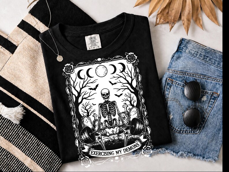 Comfort Colors Skeleton Workout Tee, Exercising My Demons Gothic Gym Shirt, Funny Fitness Weightlifting Humor, Spooky Cemetery Dark Art image 8