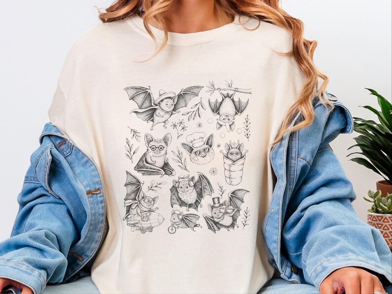 Comfort Colors Cute Bat Print Shirt, Bat Cartoon Adventures, Whimsical Halloween Tee, Spooky Animal Bat Lover Art, Halloween Shirt image 2