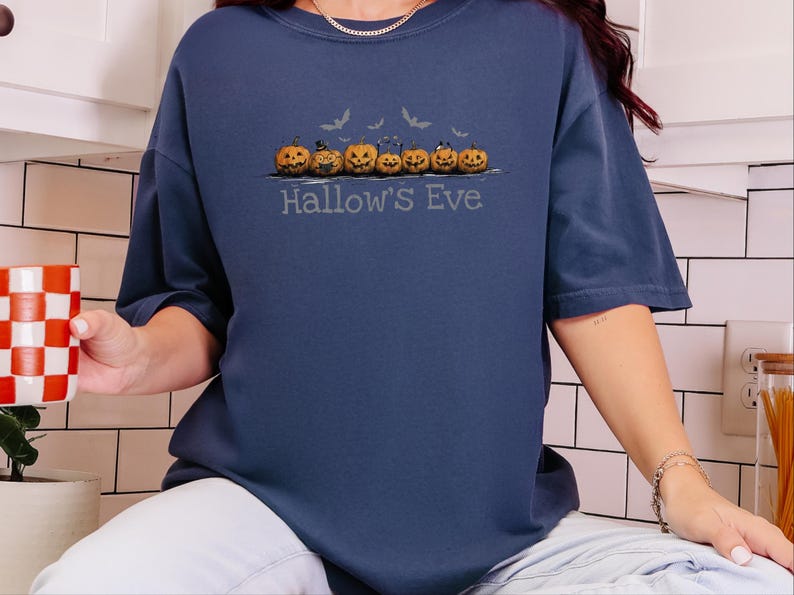 Comfort Colors Retro Monster Tee, Spooky Pumpkins Hallow and #39;s Eve Shirt, Vintage Bat Art Print, Jack O Lantern Fall Graphic T-Shirt image 10