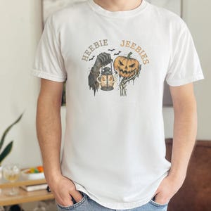 Comfort Colors Grim Reaper Pattern Heebie Jeebies Shirt, Horror Figure Apparel, Vintage Lantern, Gothic Halloween Scary Tee, Thing Hand image 3