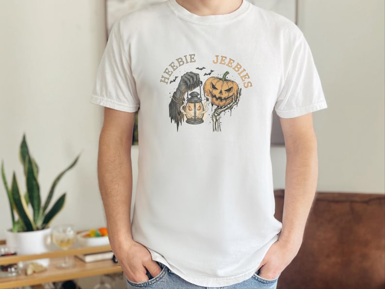 Comfort Colors Grim Reaper Pattern Heebie Jeebies Shirt, Horror Figure Apparel, Vintage Lantern, Gothic Halloween Scary Tee, Thing Hand image 3