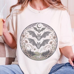 Comfort Colors Night Animals Shirt, Gothic Bat Tattoo Style Tee, Halloween Witchy Moon and Stars, Dark Fantasy Bats Night Sky image 5