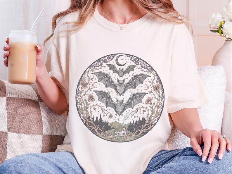 Comfort Colors Night Animals Shirt, Gothic Bat Tattoo Style Tee, Halloween Witchy Moon and Stars, Dark Fantasy Bats Night Sky image 5