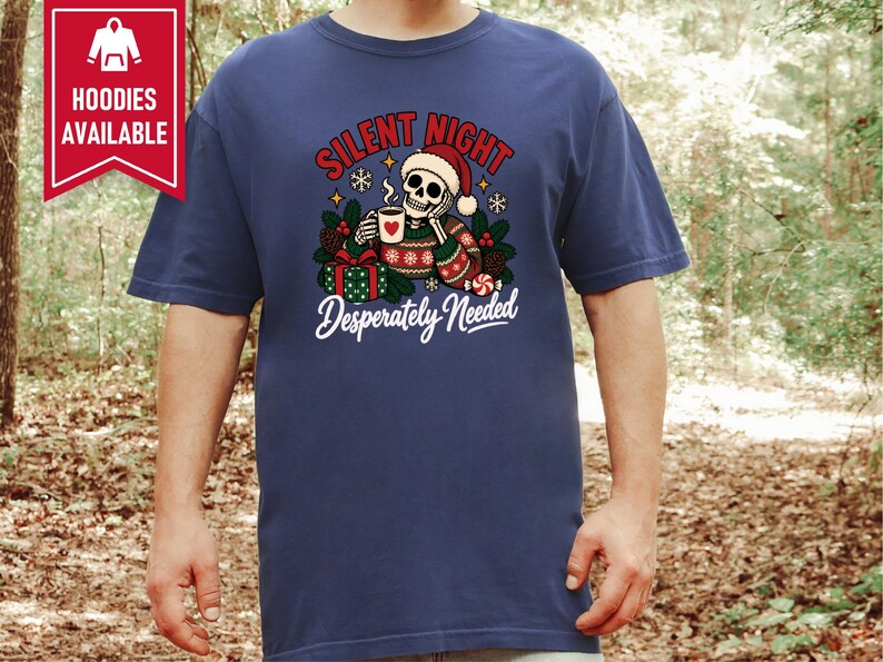 Funny Christmas Sweatshirt, Skeleton Santa Shirt, Sarcastic Holiday Gift, Silent Night Desperately Needed, Tired Mom Shirt, Creepmas Tee imagen 9
