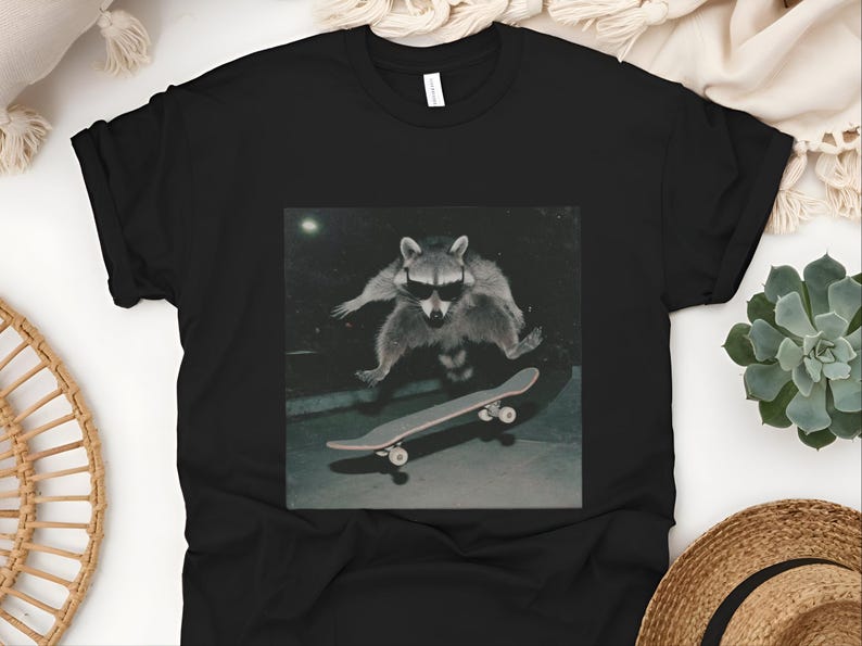 Urban Fashion Look Raccoon, Funny Skatepark Tee | Raccoon At The Skatepark, 90s Skater Gift | Trash Panda Live Fast Eat Trash Retro T-shirt image 4