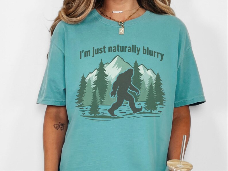 Comfort Colors Big Foot Shirts, Bigfoot Forest Blur Mountain Silhouette, Funny Sasquatch Cryptid Tee, Hiking Lover Gift for Men image 3