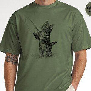Parody Cat Shirt, Kitten Fishing Vintage Engraving, Retro Funny Cat Tee, Antique Line Art, Old World Graphic Novelty Humor, Fishermans Gift image 3