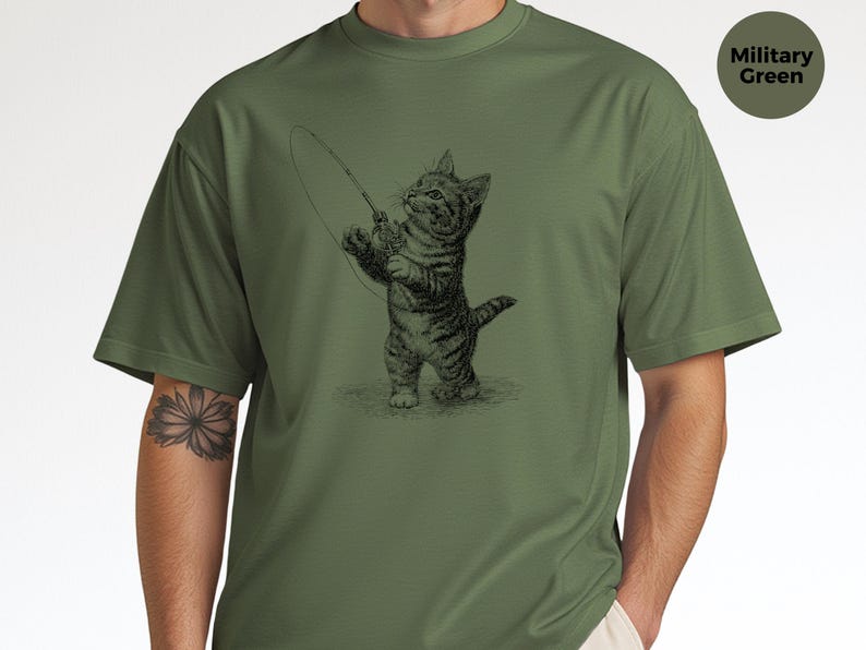 Parody Cat Shirt, Kitten Fishing Vintage Engraving, Retro Funny Cat Tee, Antique Line Art, Old World Graphic Novelty Humor, Fishermans Gift image 3