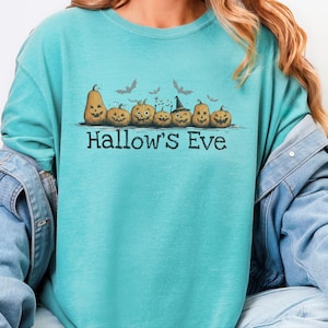 Comfort Colors Halloween Hallow and #39;s Eve Pumpkin Parade Shirt, Funny Spooky Season Tee, Whimsical Witch Hat and Bats, Pumpkin Witch image 4