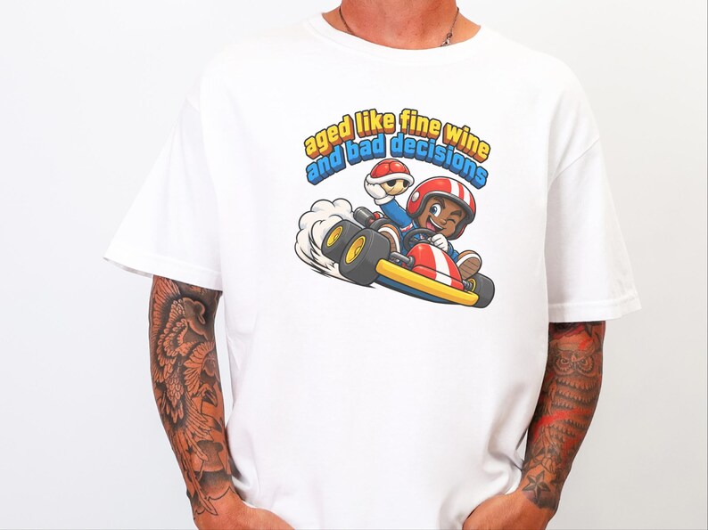Retro Video Game Tee, Funny Gaming Shirt, Aged Like Fine Wine And Bad Decisions, Kart Racing Gift, Gamer Birthday Present, Racing Lover Tee image 4
