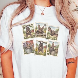 Bat Lover Gift, Vintage Bird Art, Postage Stamp Tee, Cute Bat Shirt, Cottagecore Nature Shirt, Farm Animal Gift image 8