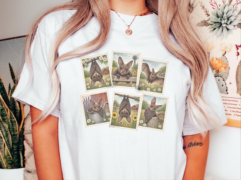 Bat Lover Gift, Vintage Bird Art, Postage Stamp Tee, Cute Bat Shirt, Cottagecore Nature Shirt, Farm Animal Gift image 8