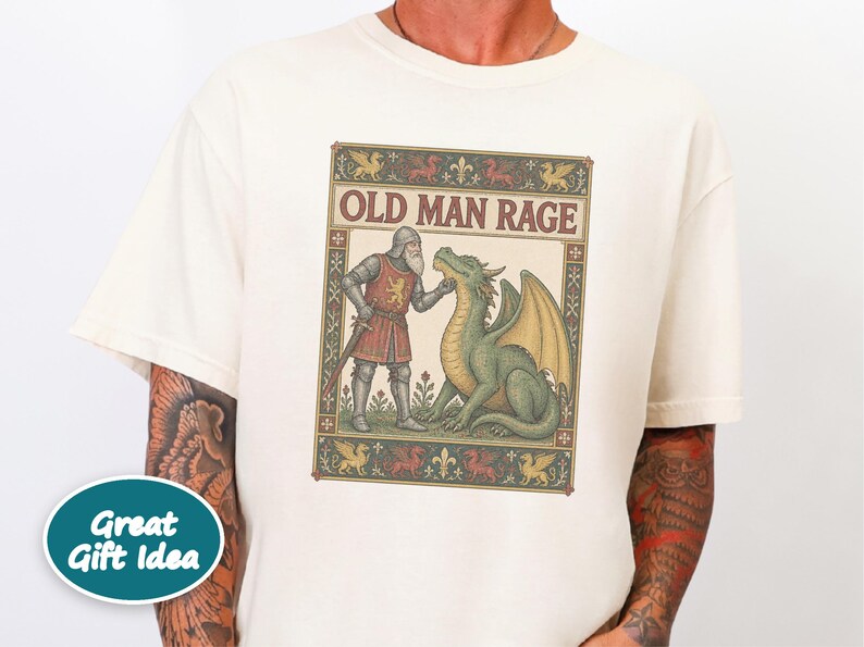 Medieval Dragon Shirt, Funny Old Man Gift, Fantasy Reader Tee, Knight Costume, Medieval Manuscript Graphic Tee image 7