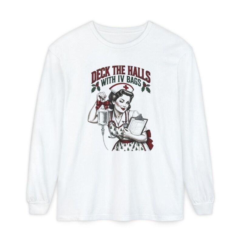 Christmas Nurse Shirt, Funny Healthcare Gift, Retro Nurse Christmas Top, Deck The Halls With IV Bags, ICU Nurse Holiday Sweatshirt image 14
