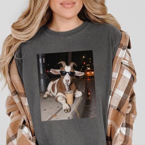 Funny Goat Shirt, Goat Lover Gift, Iced Coffee Tee, Animal Meme Shirt, Farm Life Tee, Coffee Addict Gift, Cool Goat Shirt zdjęcie 7
