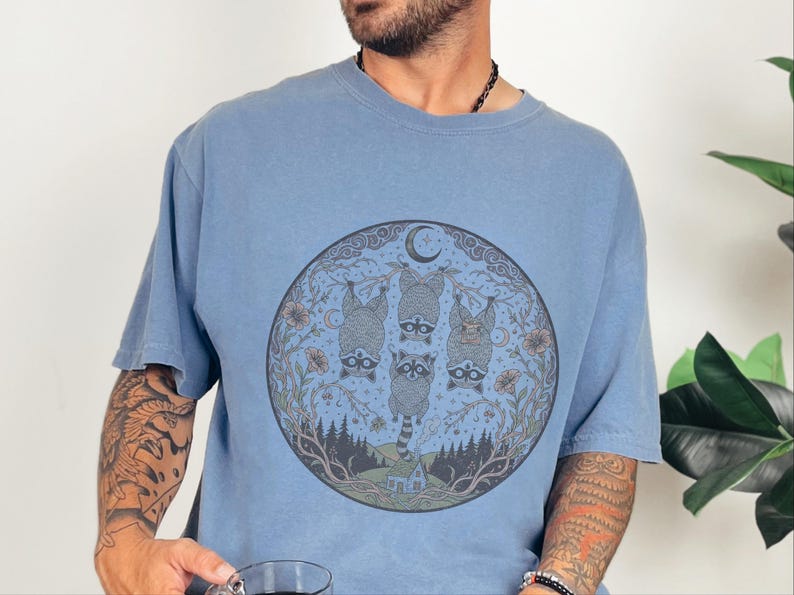 Comfort Colors Funny Raccoon Shirt, Raccoon Tree Branches Moon Graphic Tee, Trash Panda Dark Humor Design, Woodland Forest Celestial Night image 7