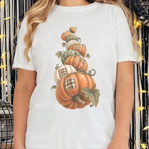 Camiseta de calabaza de otoño, camiseta bohemia de calabaza, regalo de temporada de cosecha, camiseta otoñal estilo cottagecore, top de Acción de Gracias, sudadera de calabaza patchwork imagen 4