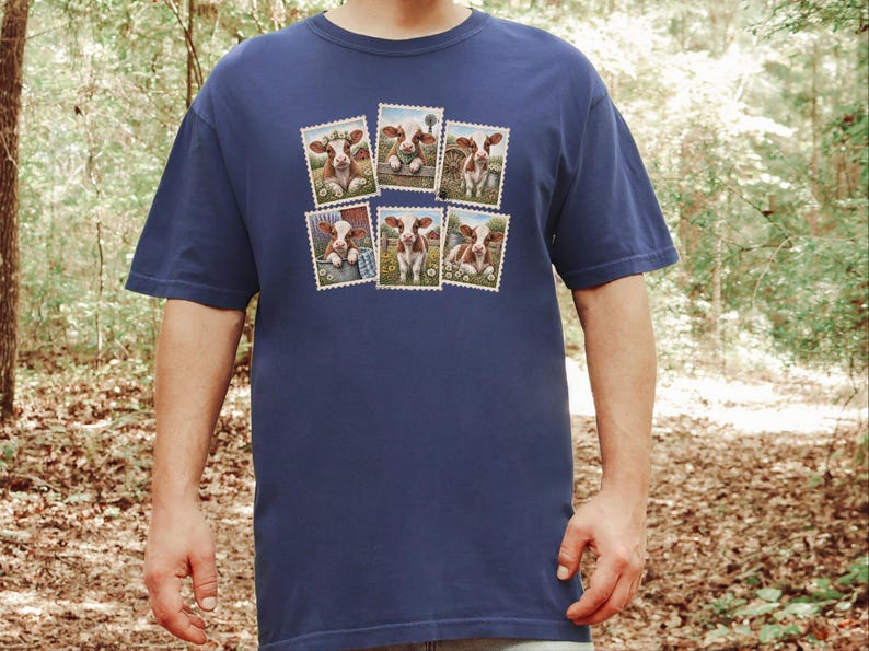 Camiseta vintage con estampado de vaca y sello postal, camiseta adorable de vaca bebé, regalo para amantes de los animales de granja, camiseta de estilo rústico campestre. imagen 10