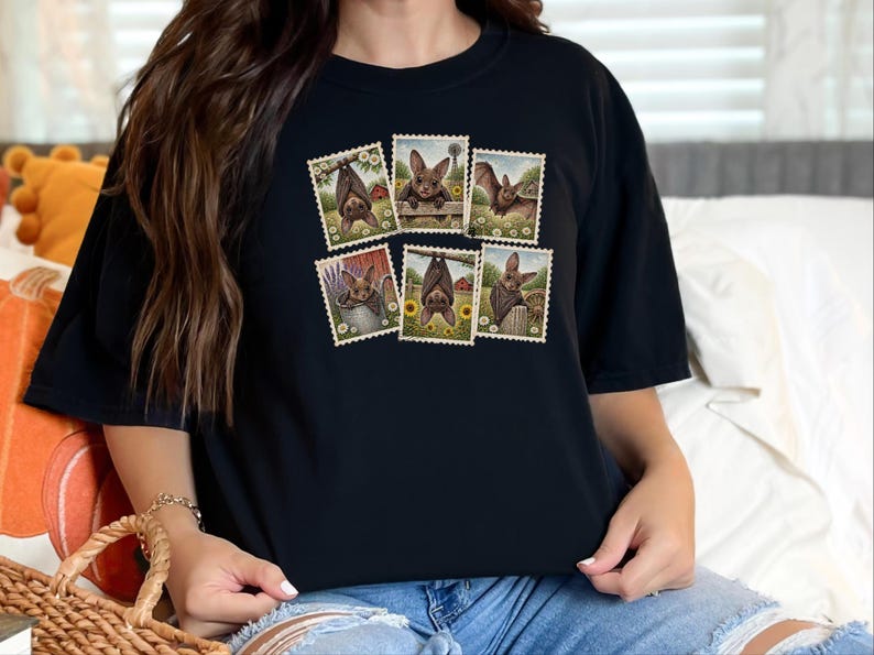 Bat Lover Gift, Vintage Bird Art, Postage Stamp Tee, Cute Bat Shirt, Cottagecore Nature Shirt, Farm Animal Gift image 5