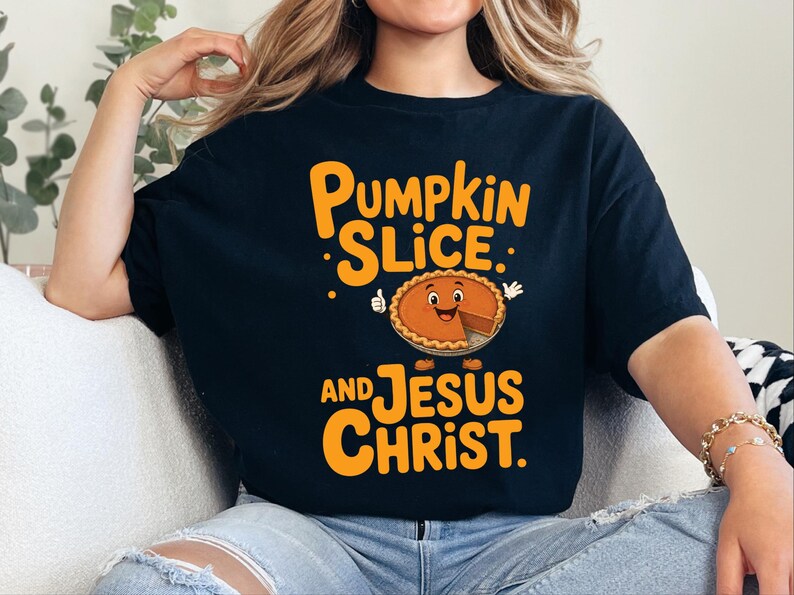 Comfort Colors Fall Christian Shirt, Pumpkin Slice And Jesus Christ Tee, Thanksgiving Faith Sunday Outfit, Inspirational Autumn image 10