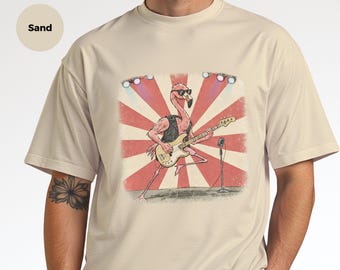 Flamingo Bassist Shirt - Rockstar Flamingo Playing Bass Guitar Art | Unique Music Lover Gift, Cool Animal Musician Tee and Indie Retro