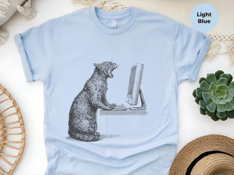 Angry Cat T-Shirt, Cat Vs Computer Tee, Vintage Engraving Art, Retro Computer Art image 1